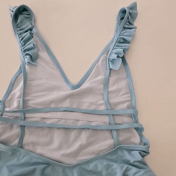 Womens SheIn One Piece Bathing Suit Monokini Ruffle Deep Plunge Small Light Blue - Picture 7 of 9